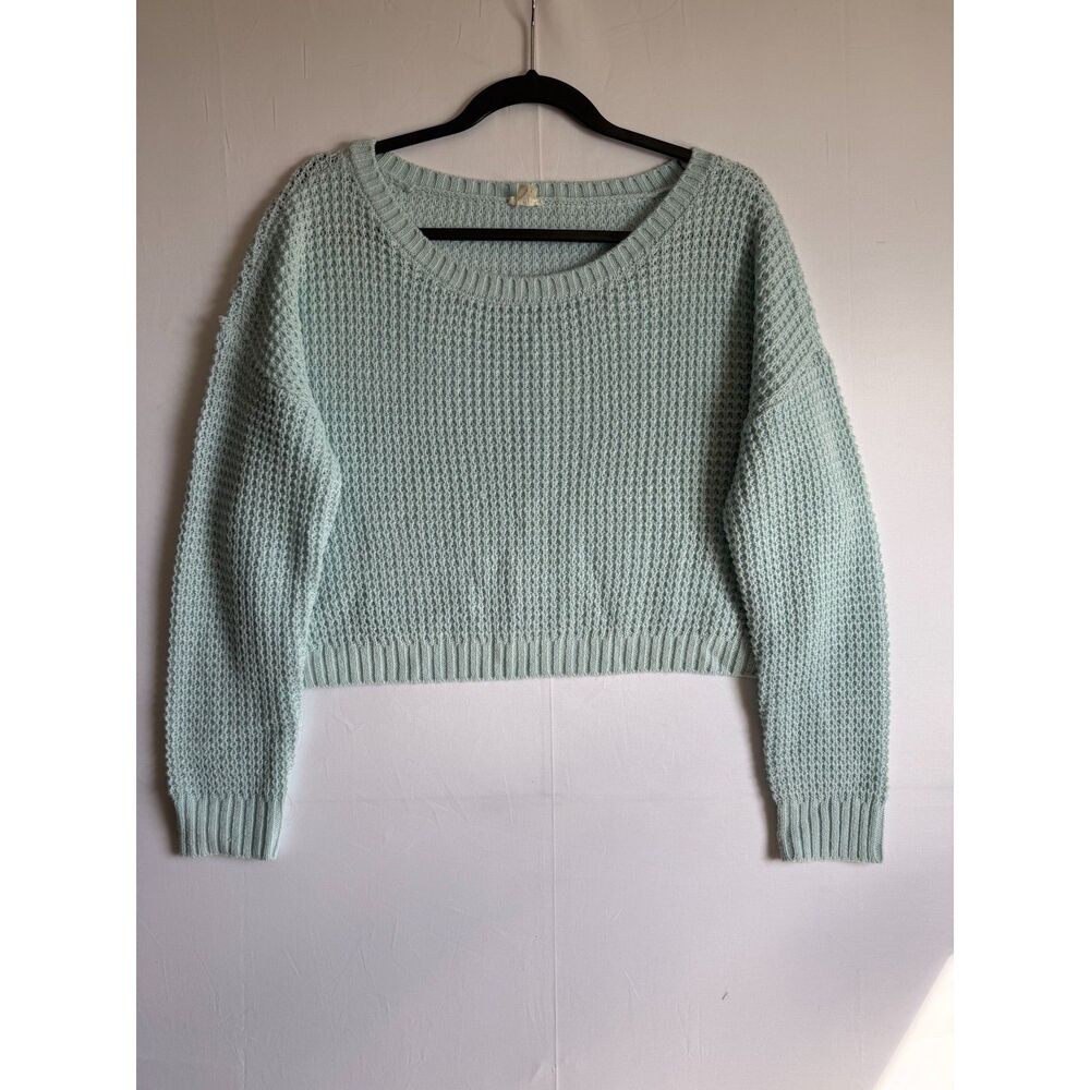 Garage Cropped Waffle Open Knit Sweater Light Blue Women's Medium